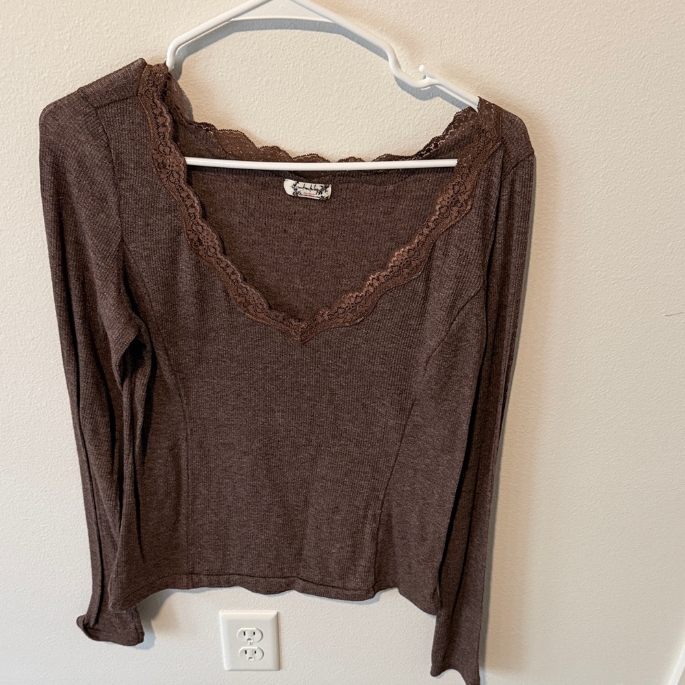 Free People Lace-Trim Long Sleeve Top - Brown